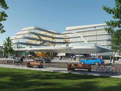 Modern Office Building With Glass Facade Green Lawn Trees Pedestrians Cars And Bicycle Near Street 3d model