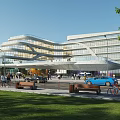Modern Office Building With Glass Facade Green Lawn Trees Pedestrians Cars And Bicycle Near Street