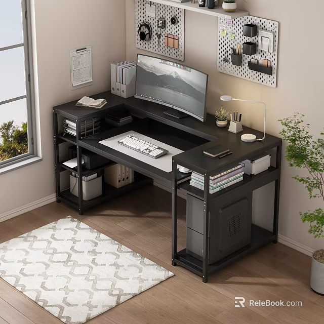 Modern Office Desk With Black Frame Storage Shelves Monitor Keyboard Desk Lamp And Potted Plant 3d model 