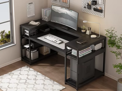 Modern Office Desk With Black Frame Storage Shelves Monitor Keyboard Desk Lamp And Potted Plant 3d model