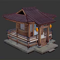 Cartoon Traditional Wooden Pavilion Scene With Curved Tile Roof Red Lanterns And Stone Base