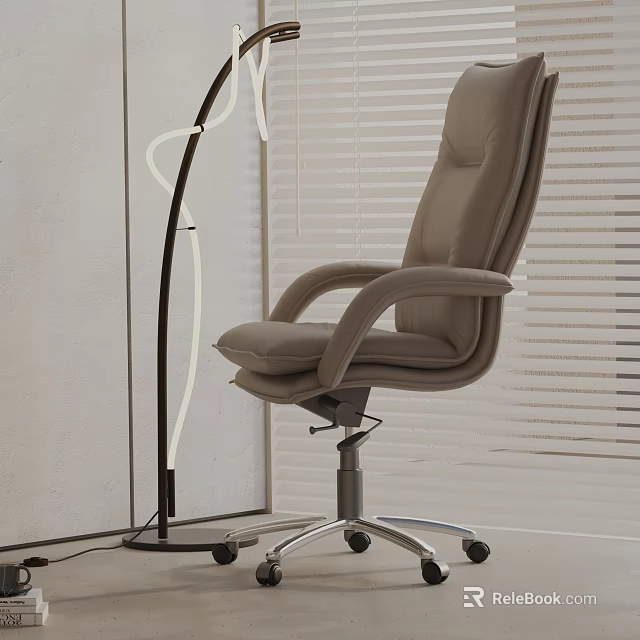 Gray Leather Office Chair With Ergonomic Armrests Swivel Wheels And Modern Floor Lamp 3d model 