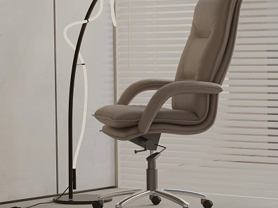 Gray Leather Office Chair With Ergonomic Armrests Swivel Wheels And Modern Floor Lamp 3d model