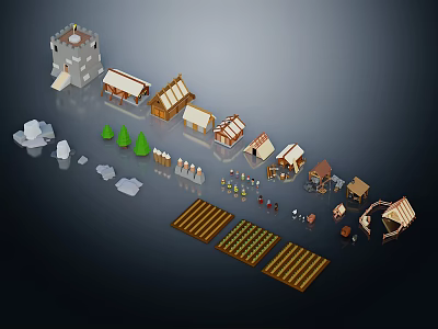 Pixel Style Miniature Village Model Set With Houses Tower Trees Farmland And Figures 3d model