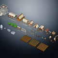 Pixel Style Miniature Village Model Set With Houses Tower Trees Farmland And Figures