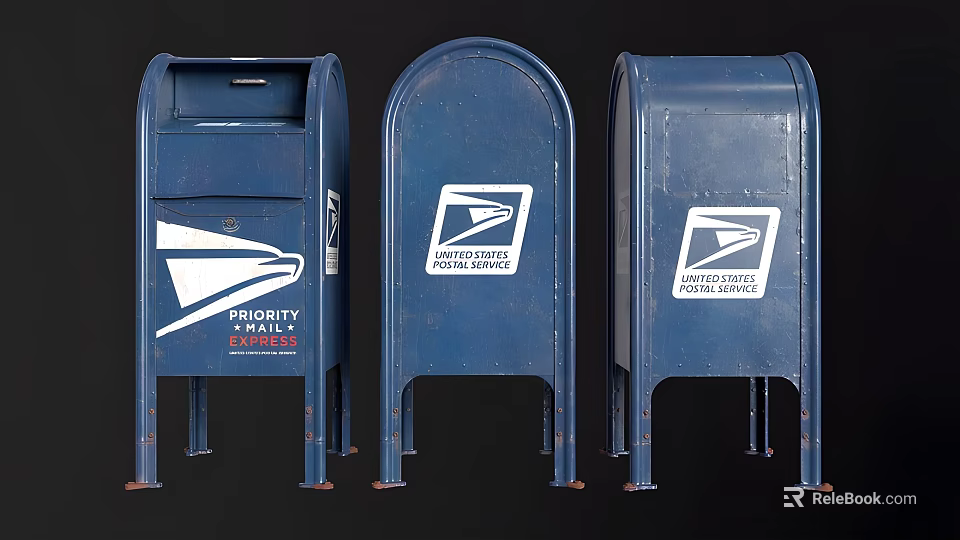 USPS Industrial Blue Mailboxes Featuring Priority Mail and Postage Stamped Logos 3d model 