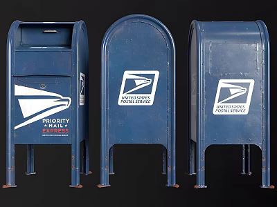 USPS Industrial Blue Mailboxes Featuring Priority Mail and Postage Stamped Logos 3d model