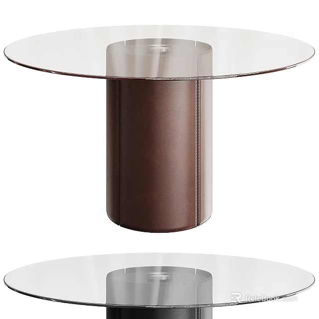 Modern Round Glass Top Dining Table with Brown Leather Cylindrical Base 3d model