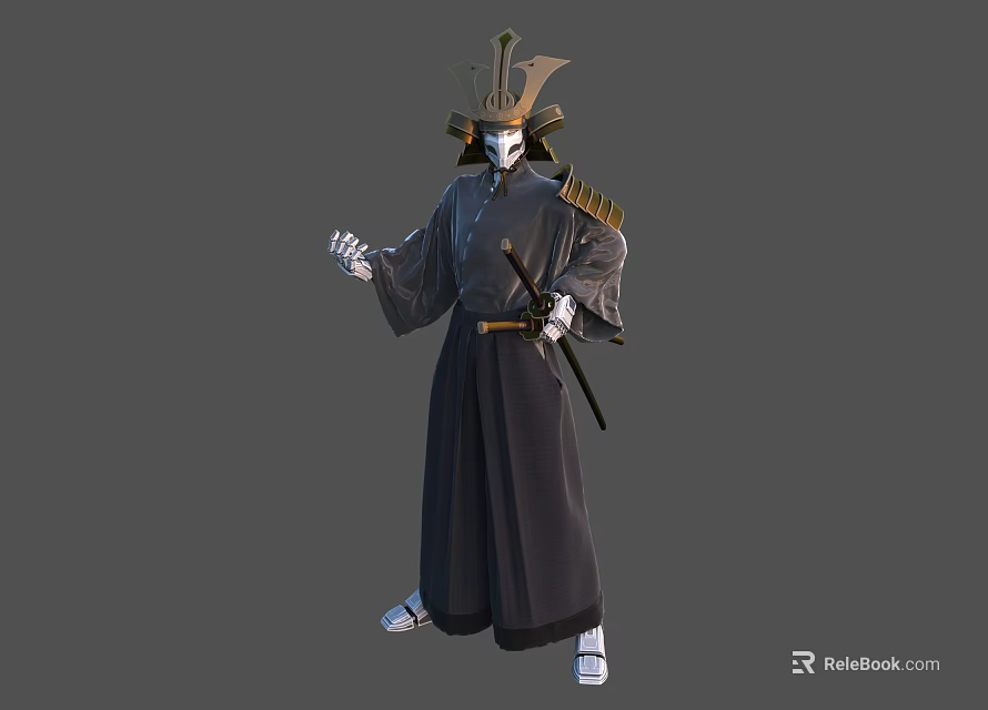 Traditional Samurai Character Wearing Dark Kimono With Decorative Helmet Holding Katana 3d model 