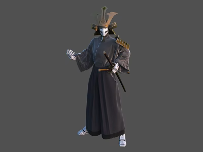 Traditional Samurai Character Wearing Dark Kimono With Decorative Helmet Holding Katana 3d model