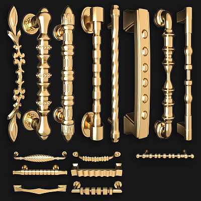 Golden Decorative Door Handles With Various Ornate Designs For Home Interior Decoration 3d model