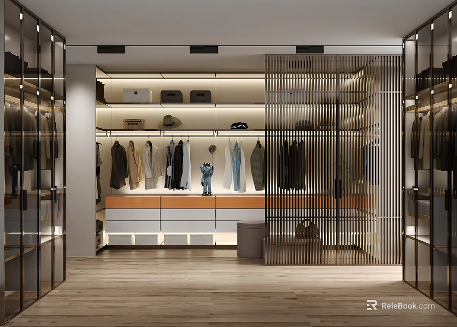 Modern Walk in Closet Interior With Hanging Clothes Hats Drawer Cabinets Glass Doors And Lighting 3d model 
