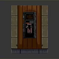 Vintage Computer Terminal With Display Panel In Wooden Brick Enclosed Structure And Gray Base