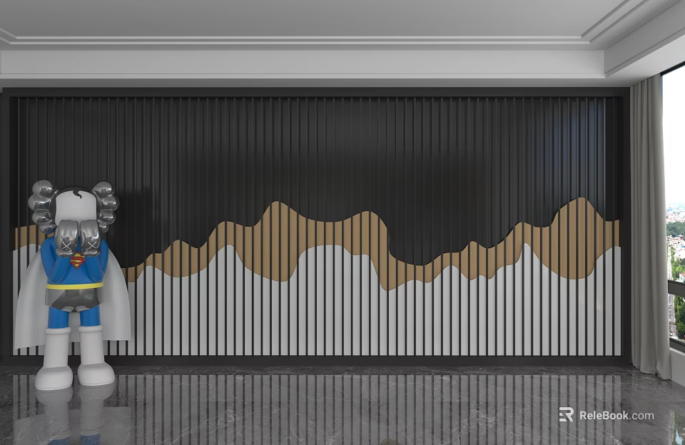 Modern Background Wall Design With Vertical Slats And Wavy Gold Pattern 3d model