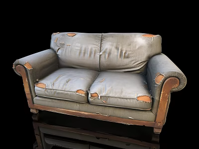 Worn Gray Leather Sofa And Coffee Table Set With Torn Upholstery And Wooden Legs 3d model