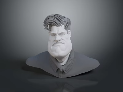 Man 3D Head Sculpture With Exaggerated Hair Facial Features And Gray Background 3d model