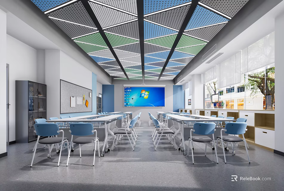 School Classroom With Colorful Geometric Ceiling Desks Chairs Large Screen Lockers And Windows 3d model 