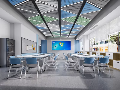School Classroom With Colorful Geometric Ceiling Desks Chairs Large Screen Lockers And Windows 3d model