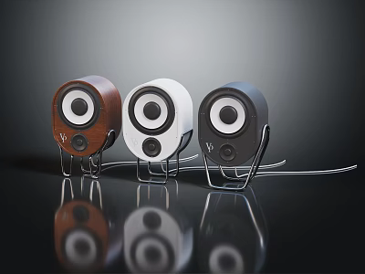 Three Compact Brown White Black Speakers with Circular Drivers on Stands Dark Background Reflection 3d model