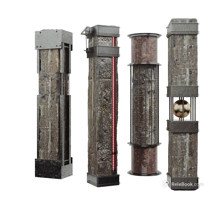 Four Decorative Columns With Textured Surfaces Metal Frames And Ornamental Sphere 3d model 