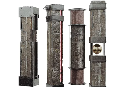 Four Decorative Columns With Textured Surfaces Metal Frames And Ornamental Sphere 3d model