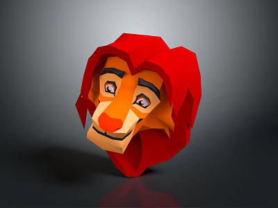 Cartoon Style Low Poly 3D Lion Head Model With Red Mane And Orange Face Design 3d model