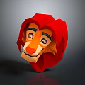 Cartoon Style Low Poly 3D Lion Head Model With Red Mane And Orange Face Design