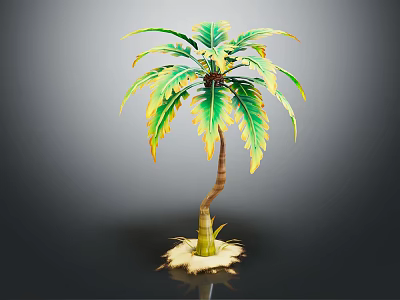 Palm Plant With Green And Yellow Leaves And Brown Trunk On Dark Background 3d model