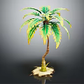 Palm Plant With Green And Yellow Leaves And Brown Trunk On Dark Background