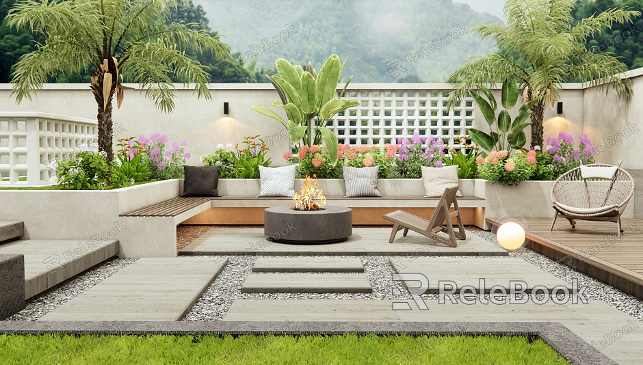 Villa Courtyard Garden Outdoor Sofa Outdoor Chair Flowers and Plants Combination Plant Landscape model