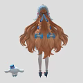 Anime Character In Blue Dress With Pink Bows And Small White Creature Wearing Blue Hat