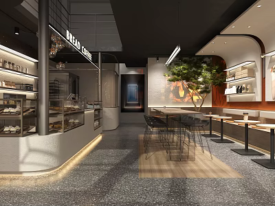 Modern Café Interior With Display Cases Tables Chairs And Green Plant 3d model