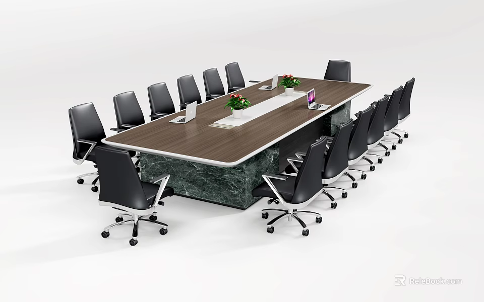 Modern Conference Table And Chair Set With Wooden Desktop And Black Rolling Chairs 3d model 