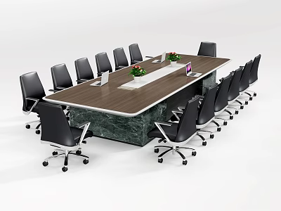 Modern Conference Table And Chair Set With Wooden Desktop And Black Rolling Chairs 3d model