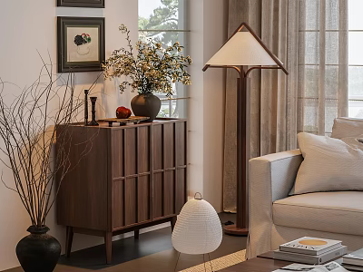 Cozy Natural Living Room Featuring Walnut Wood Sideboard With Vase Flowers Floor Lamp And Sofa 3d model