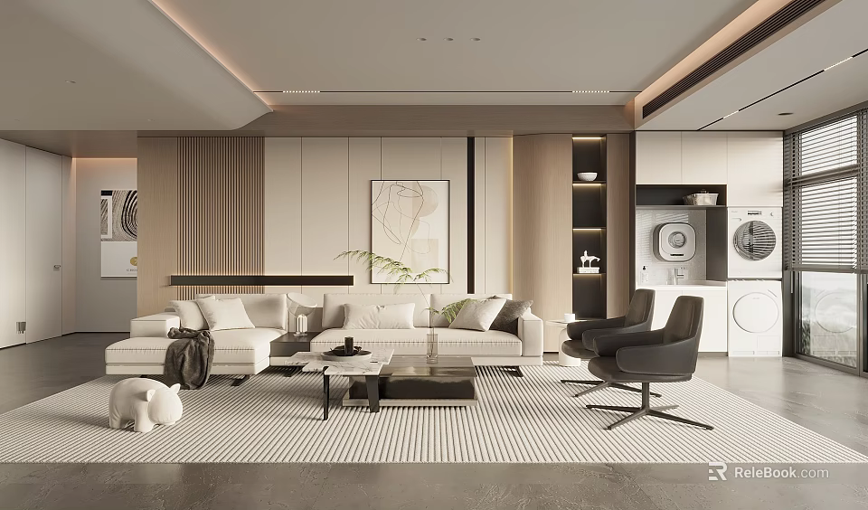 Modern Living Room Interior Design With Beige Sofa Coffee Table Armchairs And Striped Rug 3d model 