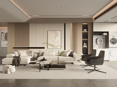 Modern Living Room Interior Design With Beige Sofa Coffee Table Armchairs And Striped Rug 3d model
