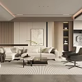 Modern Living Room Interior Design With Beige Sofa Coffee Table Armchairs And Striped Rug