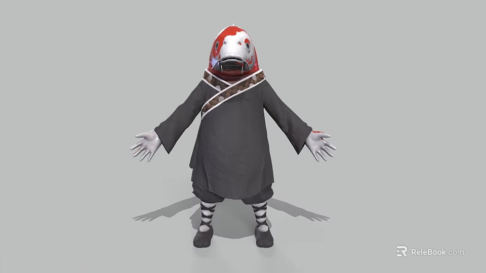 Cartoon Character With Red White Hat Black Robe Decorative Sash Striped Socks And Outstretched Hands 3d model 