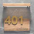 Modern Wooden Door Sign Featuring Golden 401 Number And Welcome Lettering Wall Mounted Design
