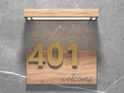 Modern Wooden Door Sign Featuring Golden 401 Number And Welcome Lettering Wall Mounted Design 3d model