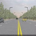 Urban Road Infrastructure Featuring Yellow Double Solid Lines Street Lamps Trees And Moving Vehicles
