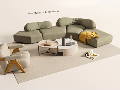 New Chesterfield Sectional Sofa with Round Coffee Table Armchair Rug and Throw Blanket 3d model