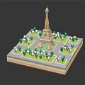 Miniature Eiffel Tower Model Surrounded By Green Trees On Square Platform 3d model