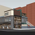 Modern Commercial Complex With Starbucks Glass Curtain Walls Red Tower Art Sculpture And Greenery