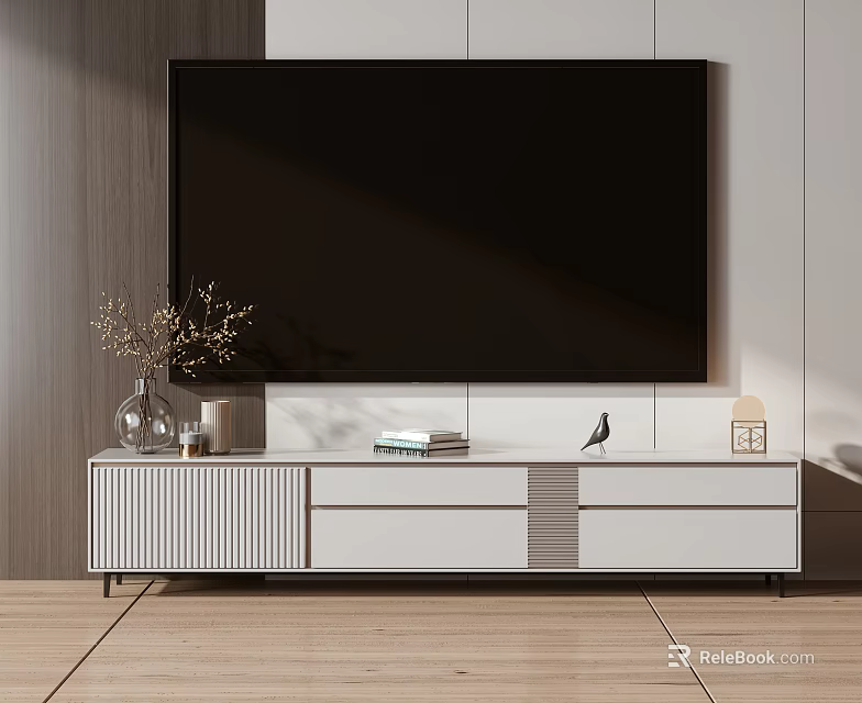 Modern White TV Stand with Vase Books Bird Figurine and Lamp Decorations 3d model 