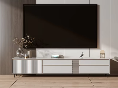 Modern White TV Stand with Vase Books Bird Figurine and Lamp Decorations 3d model