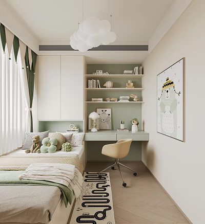 Cozy Tatami Bedroom Interior With Green Bookshelf Desk Chair Stuffed Toys And Wall Painting 3d model