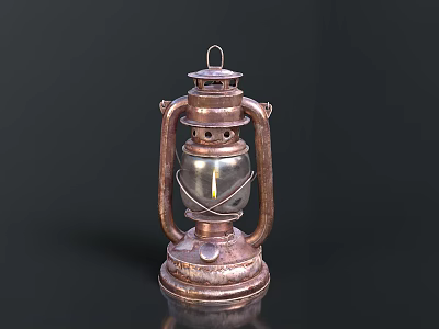 Vintage Copper Kerosene Lamp With Metal Frame Glass Shade And Base 3d model