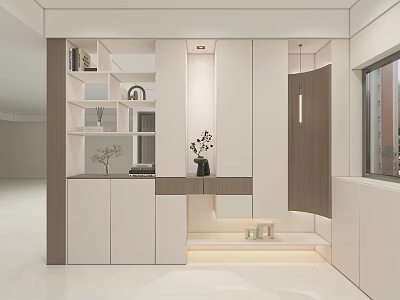 Modern Entryway Hallway Interior Design with Storage Cabinets Display Shelves Mirror and Lighting 3d model